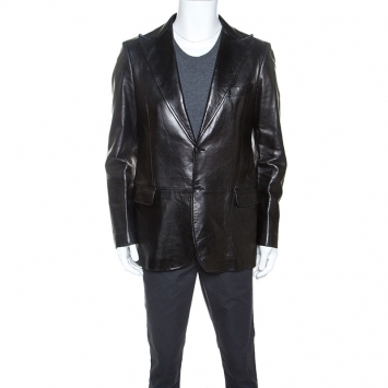 Pre Owned Gucci Black Leather Blazer XL