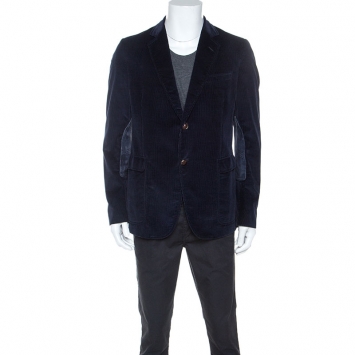 Pre Owned Gucci Dark Blue Wood Button Detail Corduroy Blazer XL