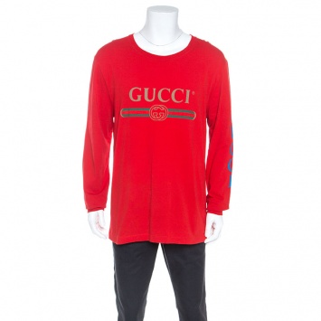 Pre Owned Gucci Red Logo Printed Cotton Dragon Embroidered T-Shirt XL