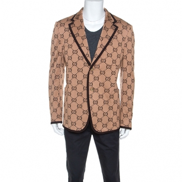 Pre Owned Gucci Beige Monogram Patterned Knit Blazer XXL