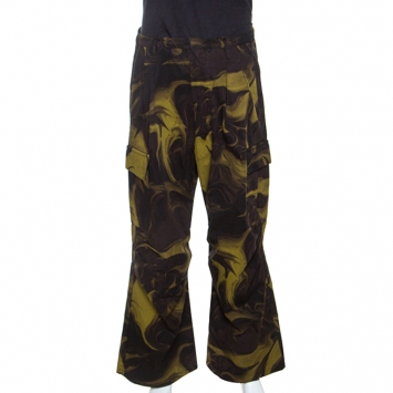 Pre Owned Gucci Olive and Black Printed Cotton Wide Leg Cargo Pants L 