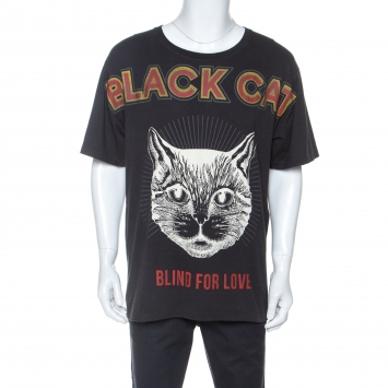 Pre Owned Gucci Charcoal Grey Cotton Worn In Effect Black Cat T-shirt XL