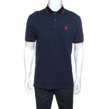 Pre Owned Gucci Navy Blue Patterned Cotton Cashmere Blend Polo T-Shirt XXL