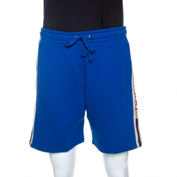 Pre Owned Gucci Blue Knit Logo Web Trimmed Shorts S