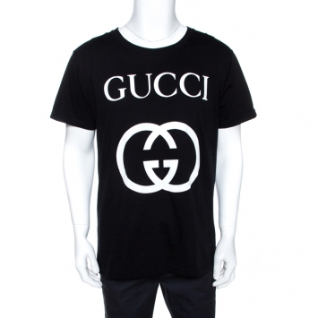 Pre Owned Gucci Black Logo Print Cotton Oversized Crew Neck T-Shirt M