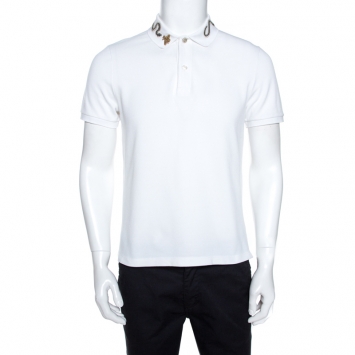 Pre Owned Gucci White Snake Embroidered Cotton Pique Polo T-Shirt L