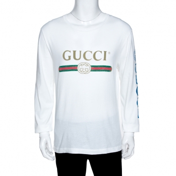 Pre Owned Gucci White Logo Print Cotton Dragon Embroidered T-Shirt M 