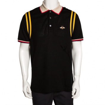 Pre Owned Gucci Black Stretch Cotton Pique Bee Patch Polo T Shirt XXL