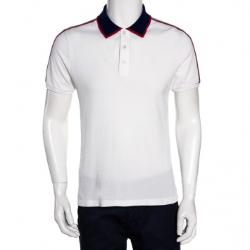 Pre Owned Gucci White Cotton Pique Contrast Stripe Detail Polo T Shirt M