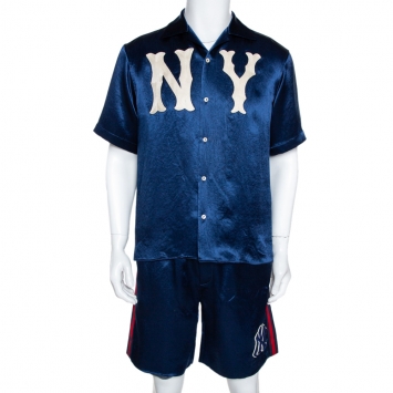 Pre Owned Gucci Blue Satin NY Yankees Bowling Shirt and Shorts Set M