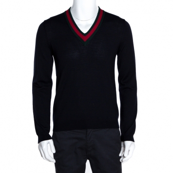 مملوكة مسبقًا Gucci Ink Blue Wool Web Stripe Detail V Neck Sweater S