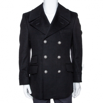 Pre Owned Gucci Black Felt Wool Double Breasted Coat S