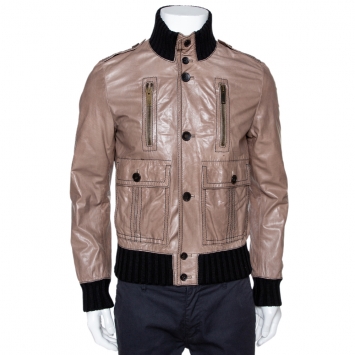 Pre Owned Gucci Brown Leather Rib Knit Trim Madonna Bomber Jacket M