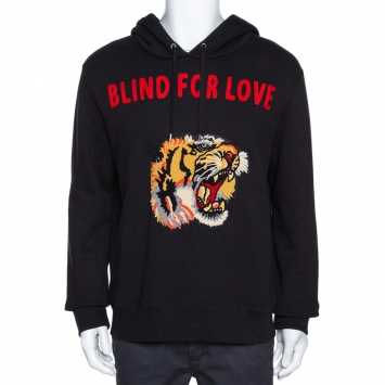 Pre Owned Gucci Black Knit Blind for Love Tiger Patch Hoodie L 