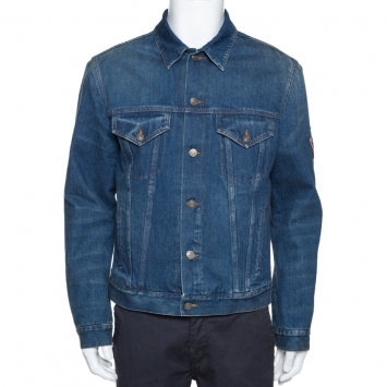 Pre Owned Gucci Blue Denim & Plaid Lined Embroidered Detail Jacket XL