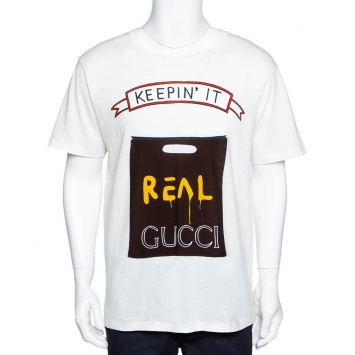 Pre Owned Gucci X Angela Hicks Limited Edition White Cotton 'Keepin It Real' T Shirt L