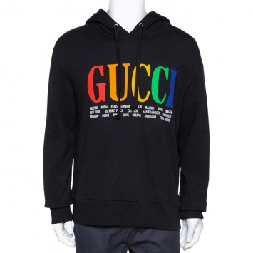 Pre Owned Gucci Black Gucci Cities Print Cotton Hooded Sweatshirt M
