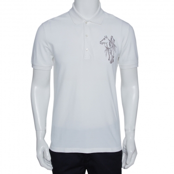 Pre Owned Gucci White Horse Embroidered Cotton Slim Fit Polo T-Shirt M