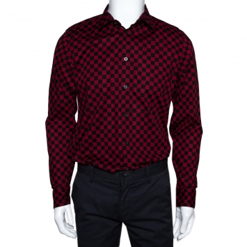 Pre Owned Gucci Red & Black Checkered Cotton Long Sleeve Slim Fit Shirt M 