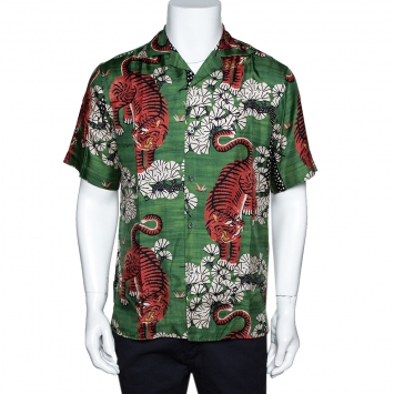Pre Owned Gucci Green Bengal Tiger Print Silk Bowling Shirt XS