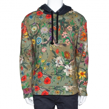 Pre Owned Gucci Olive Green Tea Stained Effect Cotton Flora Snake Print Hoodie L 