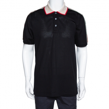 Pre Owned Gucci Black Logo Striped Stretch Cotton Polo T-Shirt XXL 