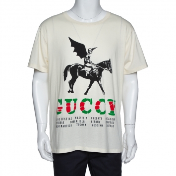 Pre Owned Gucci Pale Yellow Cotton Winged Jockey Guccy Logo Print T Shirt L
