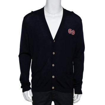 Pre Owned Gucci Navy Blue Wool GG Detail Button Front Cardigan XL