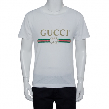 Pre Owned Gucci White Washed Cotton Logo Printed Oversized Crewneck T-Shirt XS
