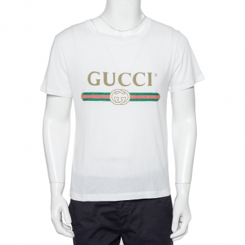 Pre Owned Gucci White Logo Printed Cotton Oversized Washed Crewneck T-Shirt XS
