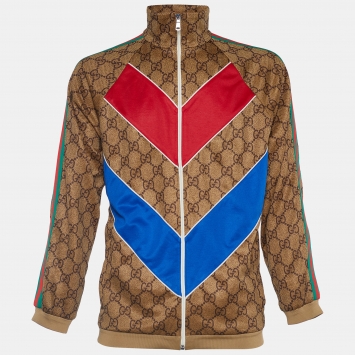 Pre Owned Gucci Brown Technical Jersey Guccissima Logo Track Jacket S