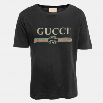 Pre Owned Gucci Black Logo Printed Washed Cotton Distressed T Shirt XL