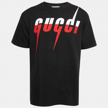 Pre Owned Gucci Black Cotton Blade Logo Printed Short Sleeve T-Shirt L