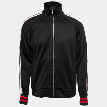 Pre Owned Gucci Black Technical Jersey Stripe Trim Zip-Up Track Jacket M