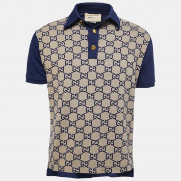 Pre Owned Gucci Navy Blue GG Jacquard Knit Polo T-Shirt M