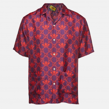 Pre Owned Gucci X Adidas Blue/Red Logo Printed Silk Short Sleeve Shirt M