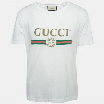 Pre Owned Gucci White Logo Print Washed & Distressed Cotton Oversized T-Shirt M