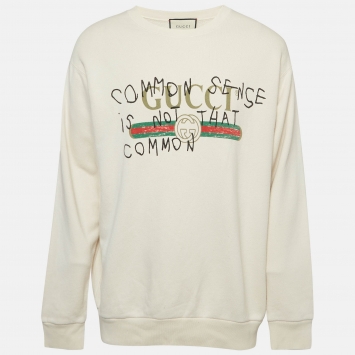 Pre Owned Gucci Cream Common Sense Logo Print Cotton Distressed Sweatshirt M