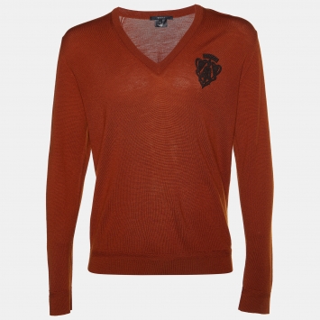 Gucci Brown Logo Patch Wool V-Neck Sweater XL