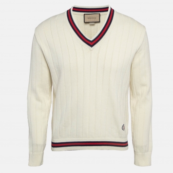 Pre Owned Gucci Cream Cotton Knit Web Detail V-Neck Jumper S