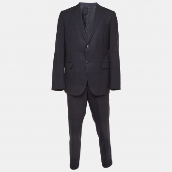 Pre Owned Gucci Navy Blue Checked Wool Pants Suit XXL