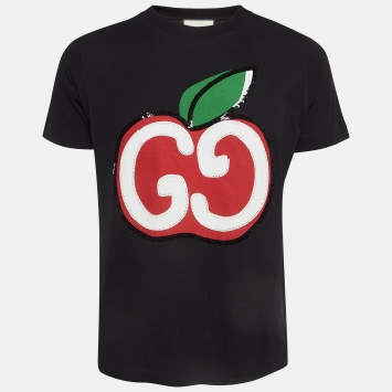 Pre Owned Gucci Black Apple GG Print Cotton T-Shirt M