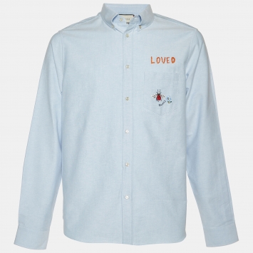 Pre Owned Gucci Light Blue Embroidered Cotton Button Down Shirt L