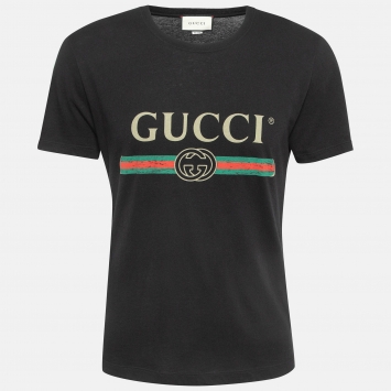 Pre Owned Gucci Black Logo Print Cotton Distressed T-Shirt XS