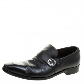Pre Owned Gucci Black Leather GG Oxfords Size 43.5