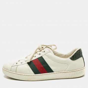 Gucci White Crocodile Leather and Leather Ace Lace Up Sneakers Size 40