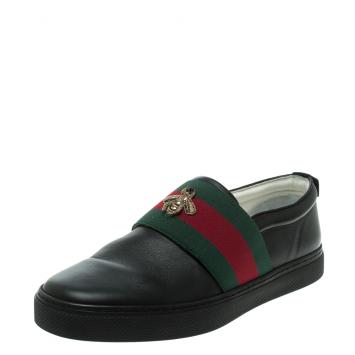 Pre Owned Gucci Black Leather Web and Bee Slip On Sneakers Size 41.5