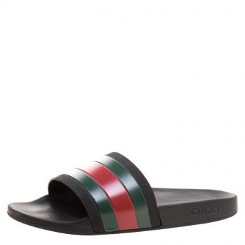 Pre Owned Gucci Black Rubber Web Detail Flat Slides Size 47