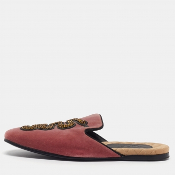 Pre Owned Gucci Lawrence Size 40 Pink Velvet Snake Crystal Embellished Flat Mules
