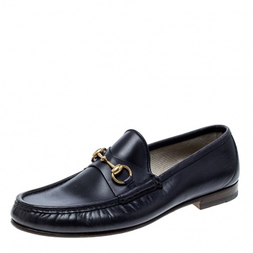 Pre Owned Gucci Blue Leather Horsebit Loafers Size 42.5